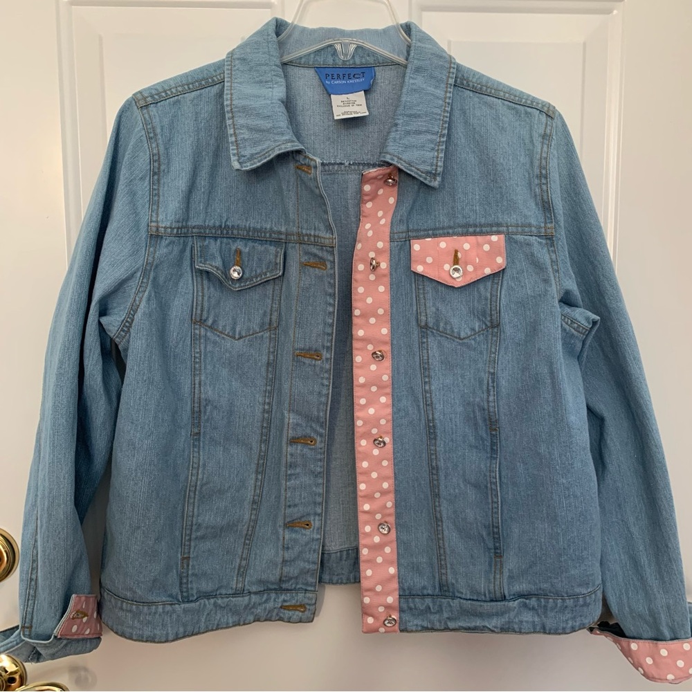 Perfect by Carson Kressley Blue Denim Jean Jacket Pink Ribbon Trim Size Large